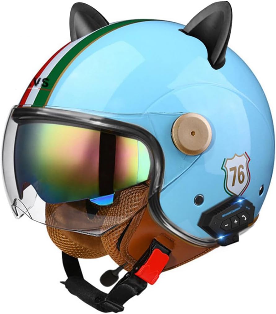 Vintage Open Face Cat's Ear Helmets 3/4 Motorcycle Bluetooth Helmets Retro Dual Visor Scooter Half Helmet for Men Women FMVSS218 DOT Approved Cruiser Chopper Moped Motorbike Helmet