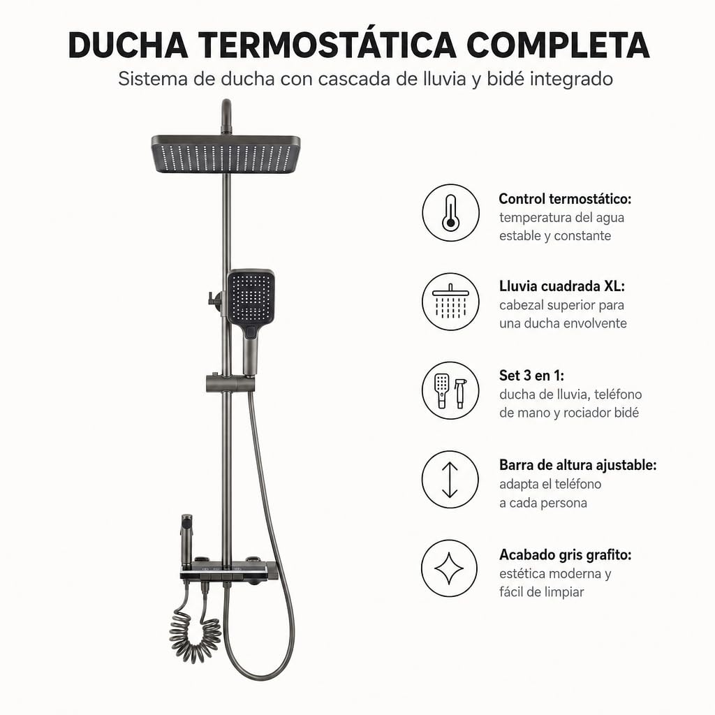 Ducha Termostática con Lluvia, Ducha de Mano, Aspersor Bidé y Control Digital de Temperatura – Columna de Ducha Multifunción Antracita con Tecnología Jet Air, Altura Regulable y Cambio de Función