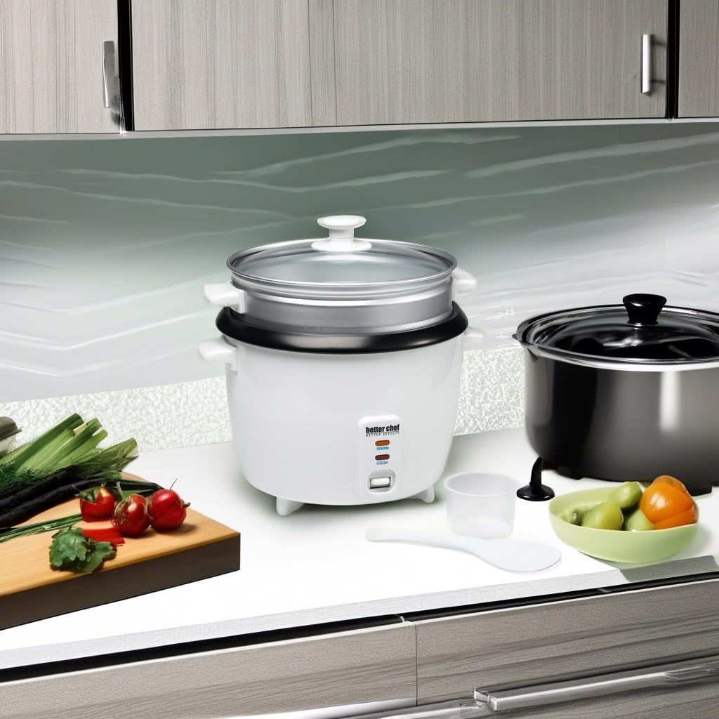 Better Chef Basic Rice Cooker with Food Steamer | Glass Lid | Non-Stick | Cool-Touch | Paddle and Cup Included (20-CUP, White)