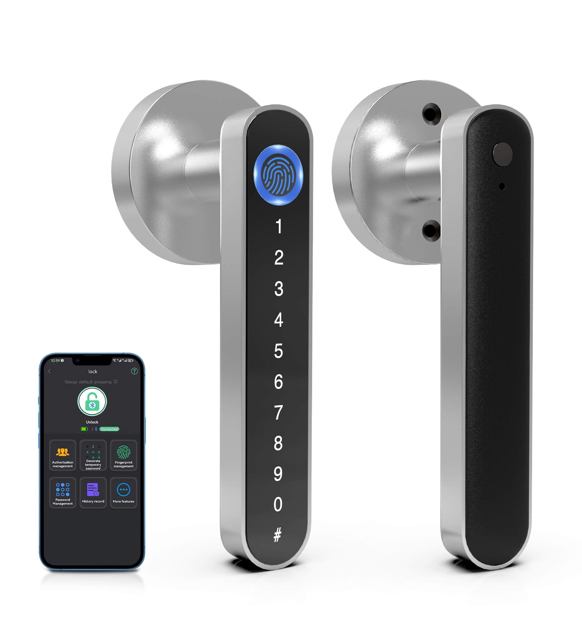 eLinkSmartSmart Door Handle Lock, Fingerprint Door Knob Lock with Keypad Code, Electronic Digital Biometric Bluetooth WiFi Keyless Entry Door Lock for Bedroom Interior Garage Front Door - Silver