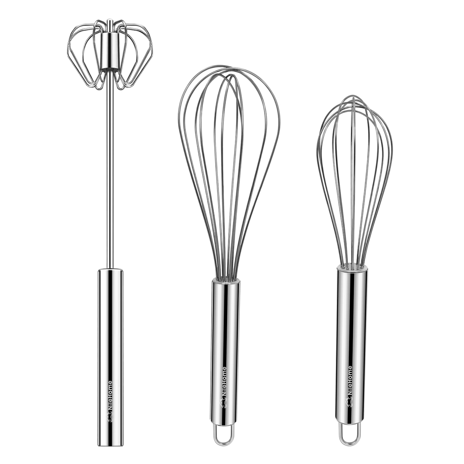 NileHome Schneebesen aus Edelstahl, 20,3 cm, 25,4 cm + 30,5 cm, halbautomatisch, drehbar