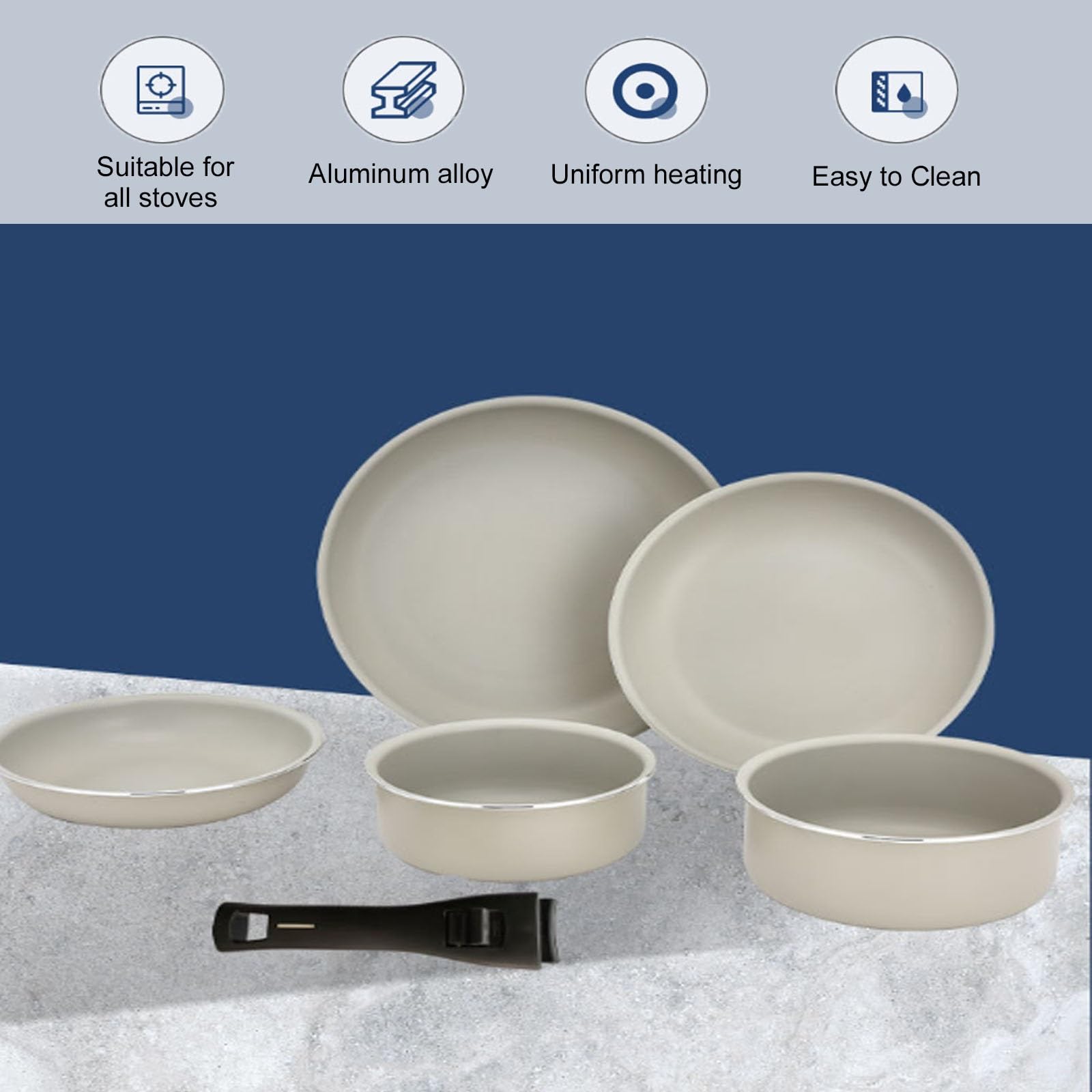 Set di pentole e padelle antiaderenti, Set di pentole da cucina da 6 pezzi, Set di padelle e casseruole con manici staccabili, Set di pentole impilabili, adatto a Tutti i piani cottura