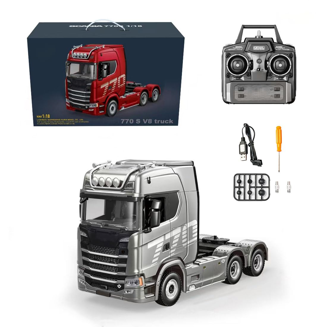 TBRICKFUNR RC Tractor Truck, 1:18 Scale 2.4G 6x4 770S Heavy Duty RC Semi Trailer with Rear Wheel Drive with Led Lights, Indoor and Outdoor Play, Collectible Model & Gift for Adult