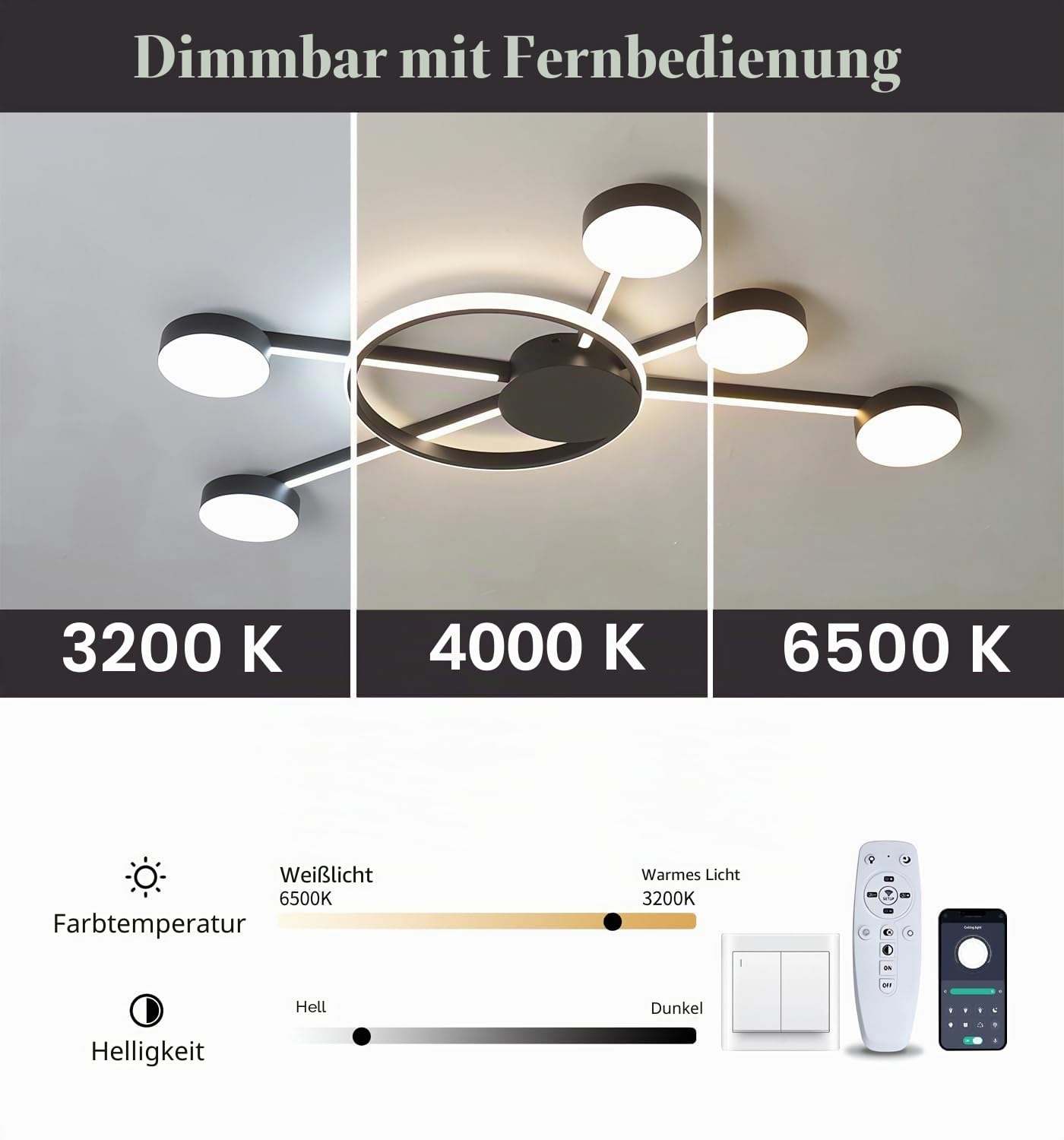 Moderne LED-Deckenleuchte Mode Runde Deckenleuchten Dimmbare Büro Deckenlampe Wohnzimmer Fernbedienung Deckenbeleuchtung für Schlafzimmer Arbeitszimmer Esszimmer (Schwarz L100 cm)