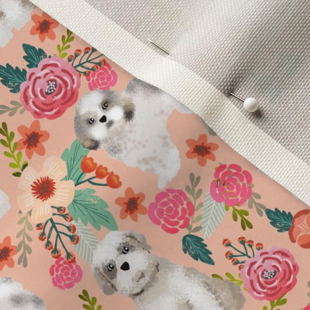Spoonflower Fabric - Shih Tzu Florals Peach Pink Girls Sweet Pet Dogs Breeds Vintage Printed on Upholstery Velvet Fabric Fat Quarter - Upholstery Home Decor Bottomweight Apparel