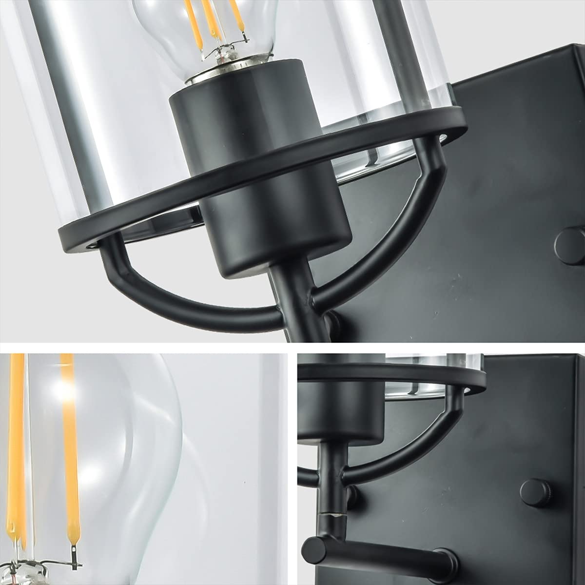 WXKAGF Lampada da Parete Industriale Nera Lampada da Parete per Interni retrò Vintage in Vetro con Base per Lampada E27, lampade da Comodino in Stile Semplice, Applique da Parete in Gabbia di Metallo