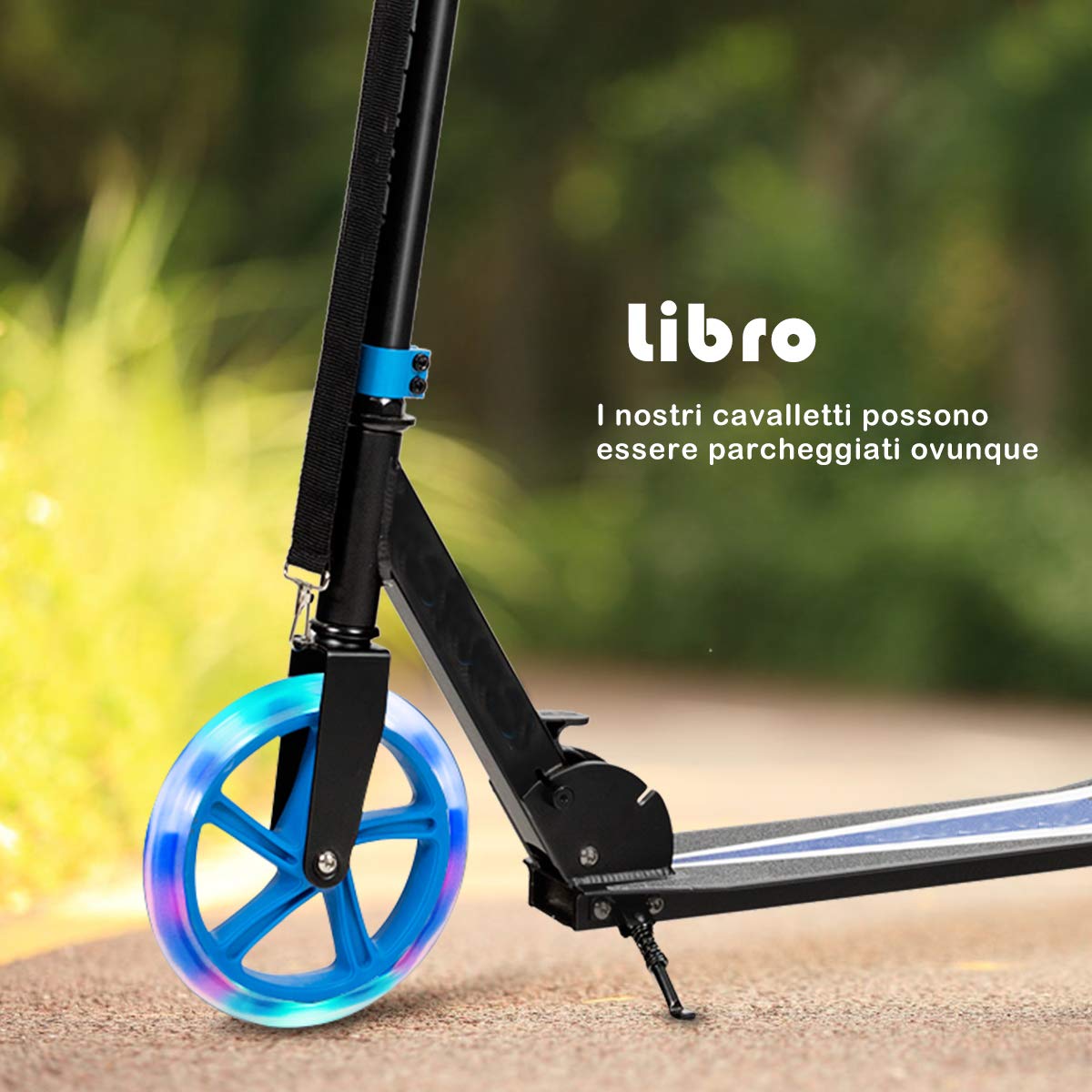 COSTWAY Monopattino Pieghevole con Altezza Regolabile, 2 Ruote Luminose con Freno, Manubrio Regolabile, Pedana Antiscivolo, Tracolla e Cavalletto, Scooter Portata 100kg, 10+ Anni