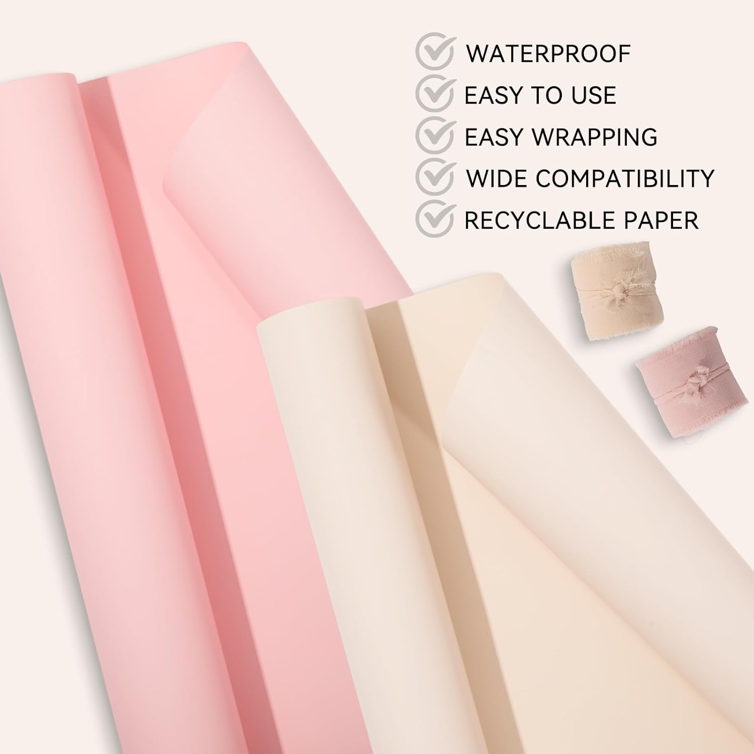 Fuyoooo Pink & Champagne Wrapping Paper Set with Ribbon, 2 Rolls 22.4 in x 32.8 ft Pearly Lustre Gift Boxes Wrapping Paper with 16.4 ft Ribbon for Flower Bouquets, Wedding Baby Shower Birthday Party