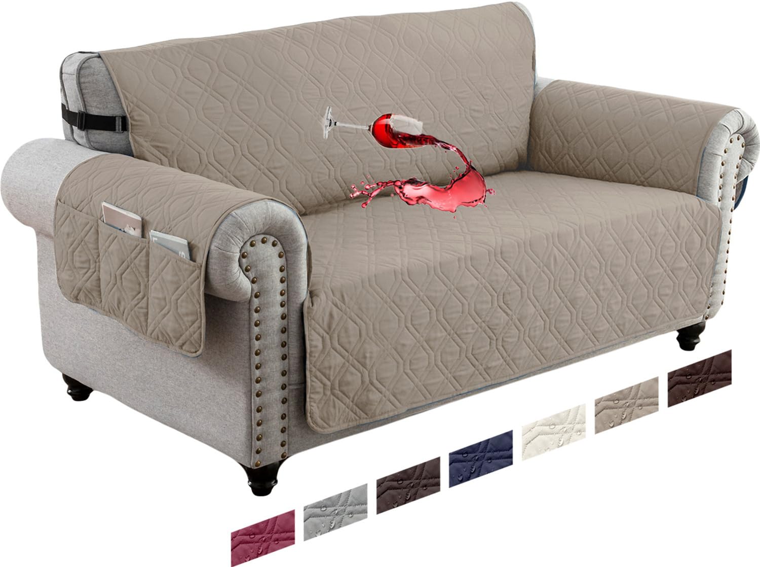 LINGKY Waterproof Sofa Cover 2 Seater Non-Slip Sofa Slipcovers, Reversible Washable Sofa Protectors from Pets & Kids with Elastic Straps Quilted Couch Covers (Khaki,2 Seater)