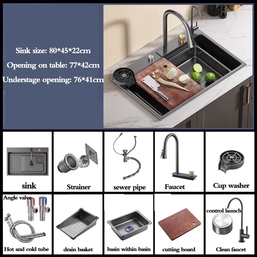 Lavello a sifone a cascata con accessori per rubinetto, multifunzione, in acciaio inox, colore nero
