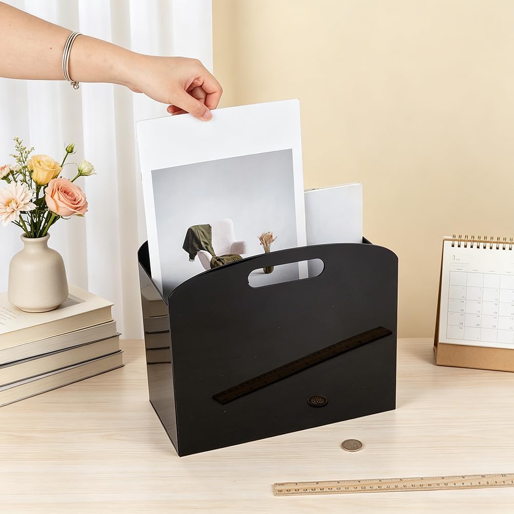 PH PandaHall Black Acrylic Magazine Holder, File Storage Box Magazine Book Basket Box Acrylic Newspaper Stand Organizer With Handles for Office Living Room Bathroom Kitchen 11.8x5.9x10.2 Inch