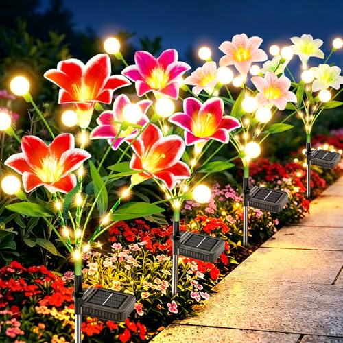 WdtPro Upgraded Solar Garden Lights Outdoor: 4 Pack 2-in-1 Solar Firefly Swaying Light with Lily Flower and Glowing Stem, Waterproof Garden Decor for Yard Patio Pathway Lawn, Gardening Gifts for Women