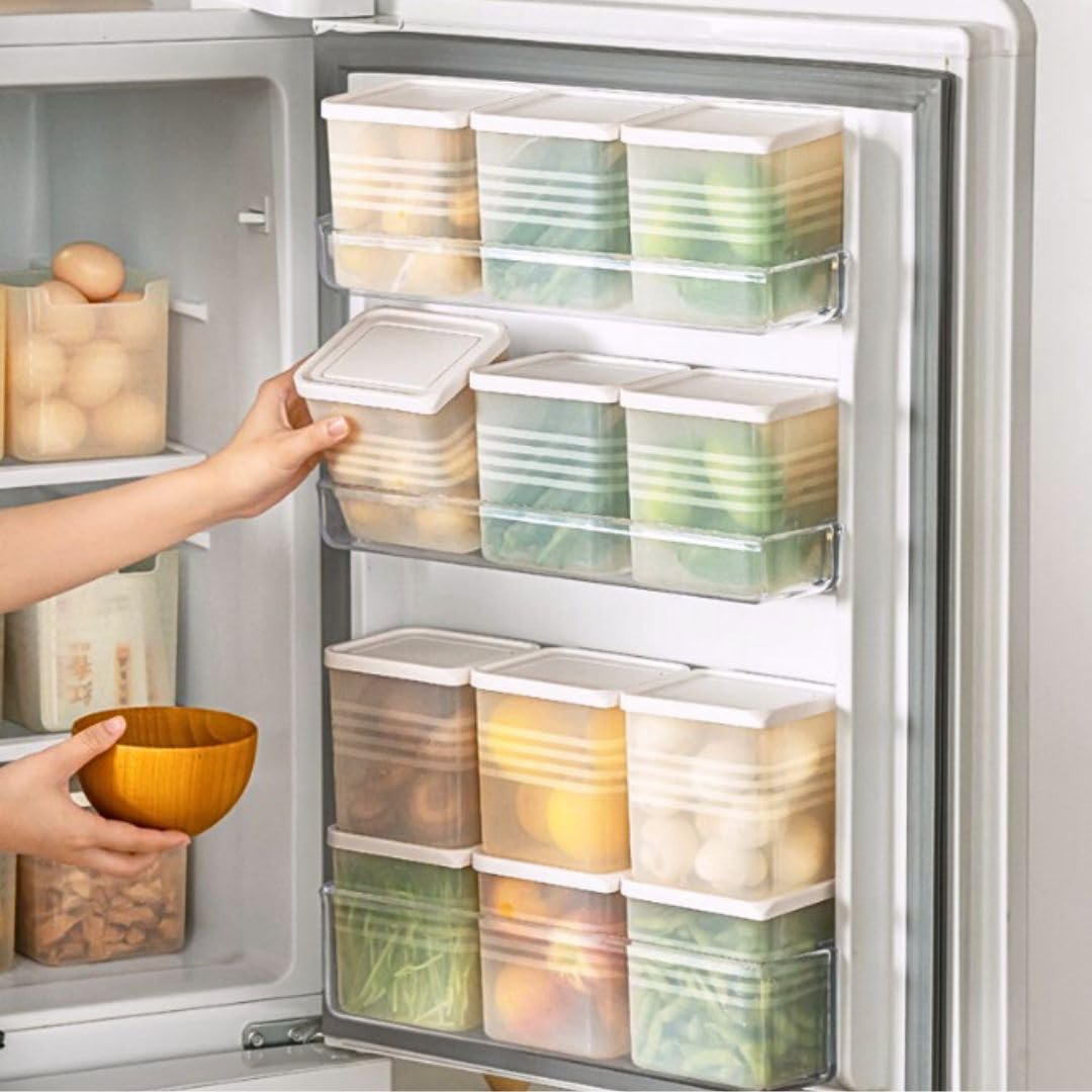 DREAM SKY Fridge Storage Boxes (Pack of 6) Freezer & Refrigerator Organizer Containers Kitchen Storage Container Lid Set Kitchen Accessories Items for Home 1200 ml Food Storage Box, Plastic, White