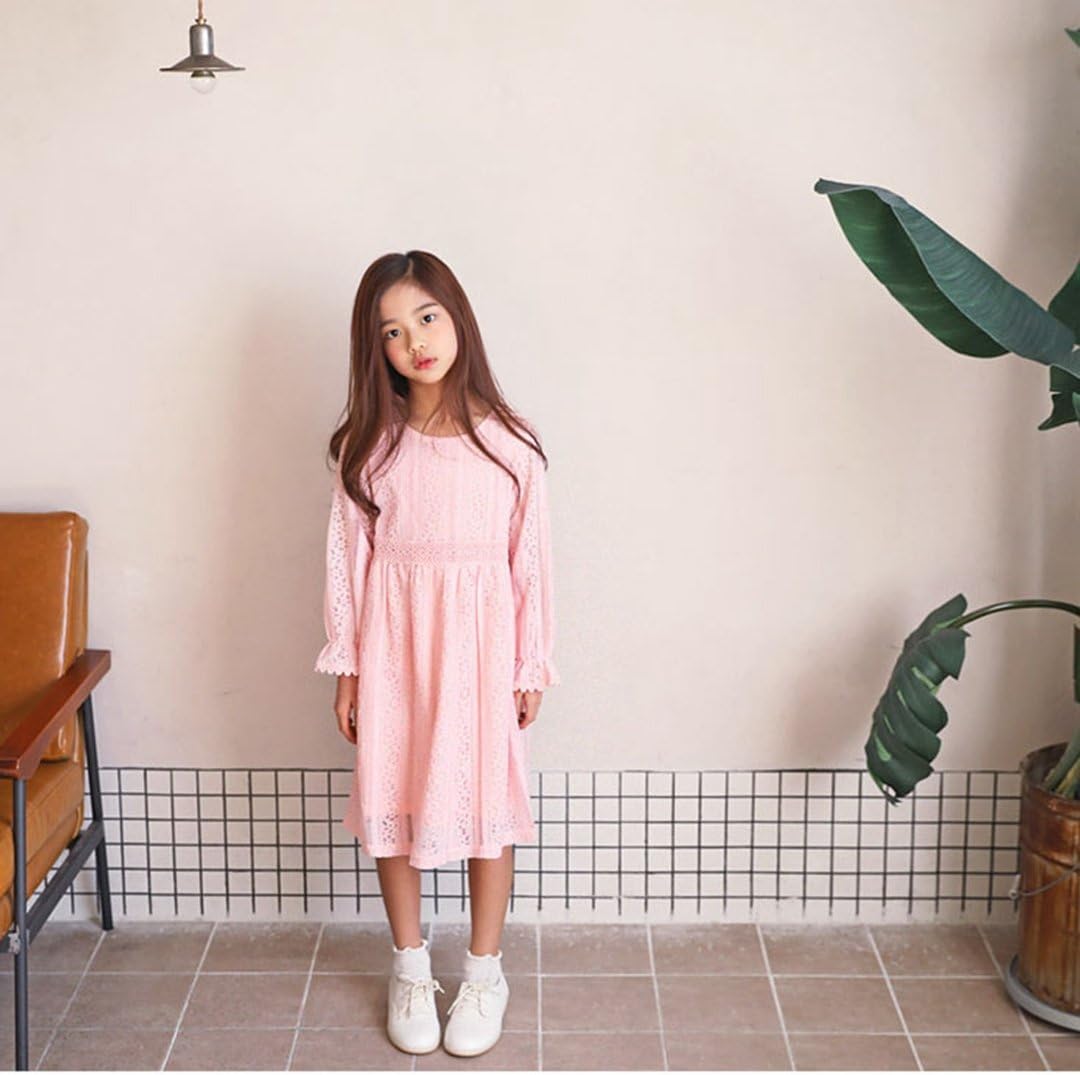 [XINXIKEJI] 子供ワンピース 韓国子供服 ドレス 女の子ドレス 長袖ドレス 透かし彫り 無地 長袖 キッズ服 春 秋 カジ