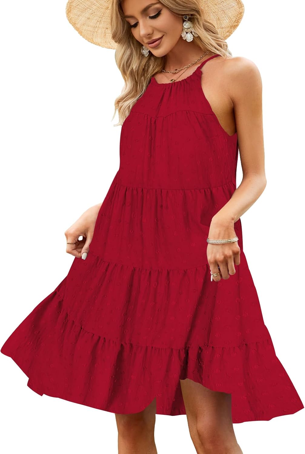 Zilcremo Women's Summer Sleeveless Halter Mini Dress Ruffle Tiered Flowy Swing Beach Dresses Sundress Medium Redswiss Dot