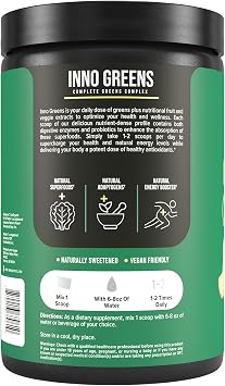 Inno Greens | 28+ Organic Greens & Superfoods | Advanced Prebiotics + Probiotics | Super Antioxidant + Hydration | Spirulina, Chlorella, Ashwagandha | Natural, Non-GMO | 30 Servings (Paradise Punch)