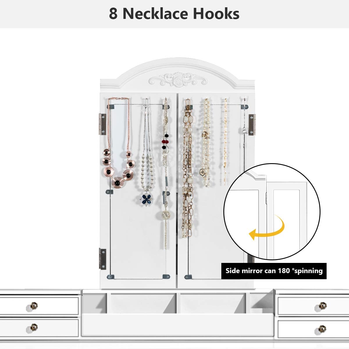 DORTALA Makeup Vanity Table Set w/ 7 Drawers, Removable Tri-Folding Mirror w/ 8 Jewelry Necklace Hooks, Dressing Table w/Open Storage Box & Cushioned Stool, Solid Wood Legs,White