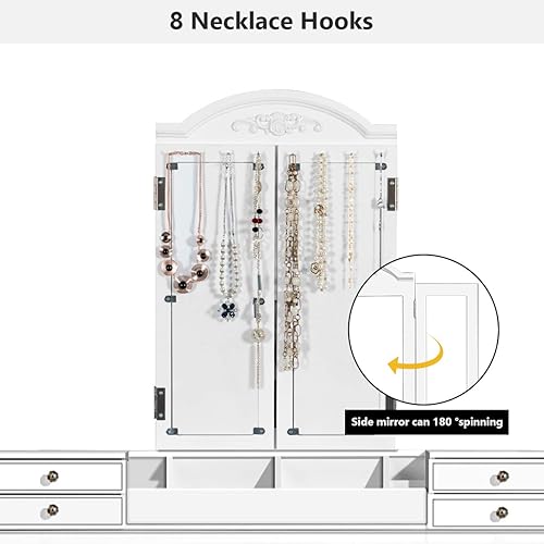 Miniatura 4 de CHARMAID Mesa de Tocador Grande para Maquillaje, Escritorio de Tocador de 41.5" de Ancho, Espejo de Tres Pliegues con 8 Ganchos para Collares en la