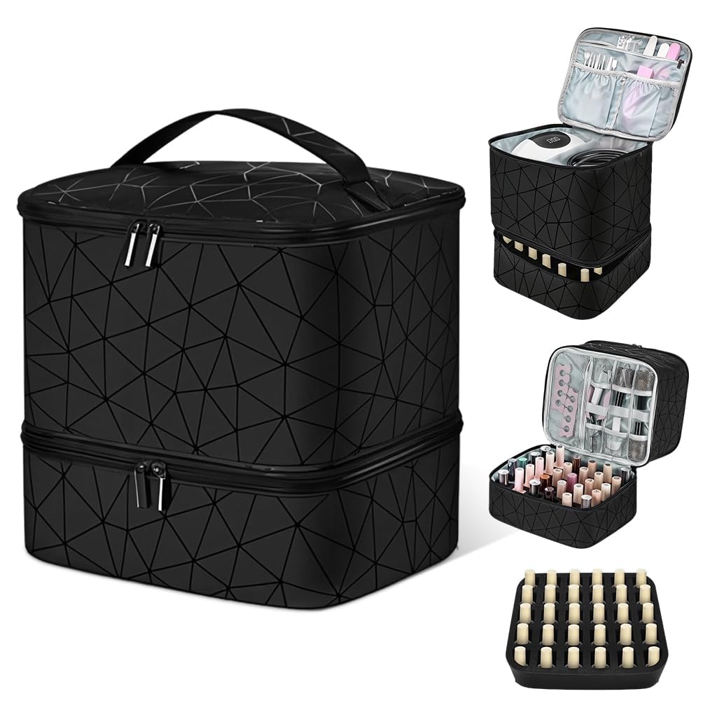 Fennec Mart Travel Nail Polish Organizer Bag Large Capacity Double Layer Makeup Case for 30 Bottles Nail Art Tool Storage with Handle, Customizable Compartments Multi Pouches for Travel (Black)