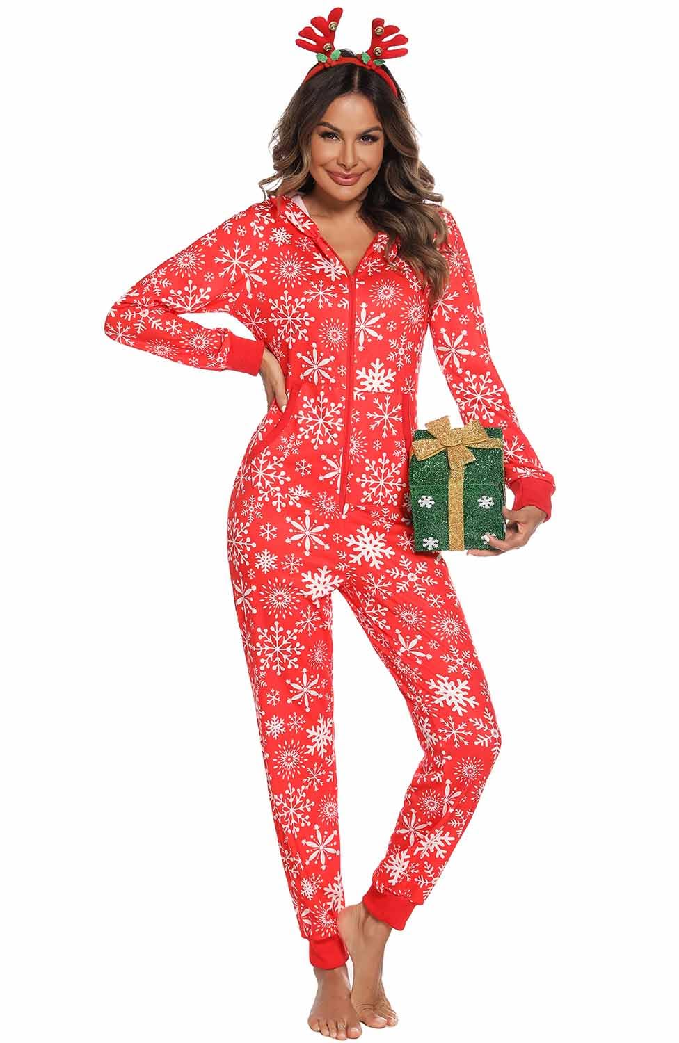 Damen Jumpsuit Onesie Overall One Piece Pyjamas Weihnachten Jumpsuit Hausanzug Schlafanzug Ganzkörperanzug Freizeitanzug Nachtwäsche Mit Kapuze & Reißverschluss