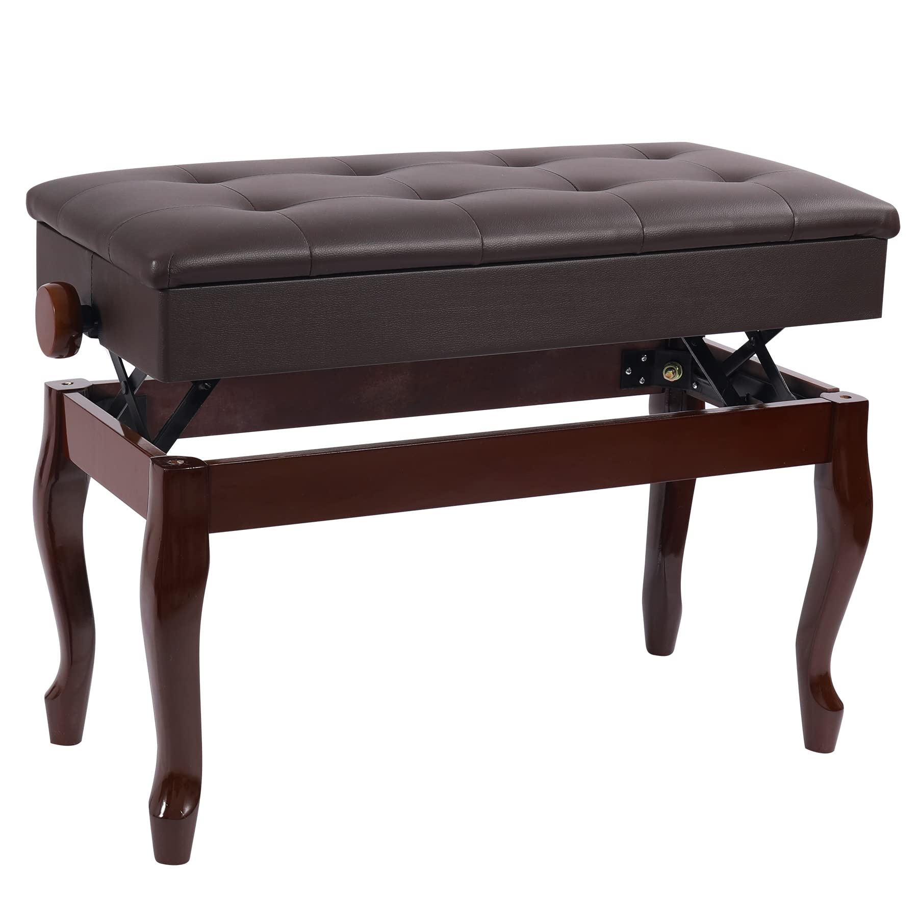 AKVOMBI Adjustable Duet Piano Bench with Storage, Curved Legs Piano Stool Bench, Keyboard Duet Benches, Padded Cushion Seat, Solid Sturdy Wooden Legs, Brown