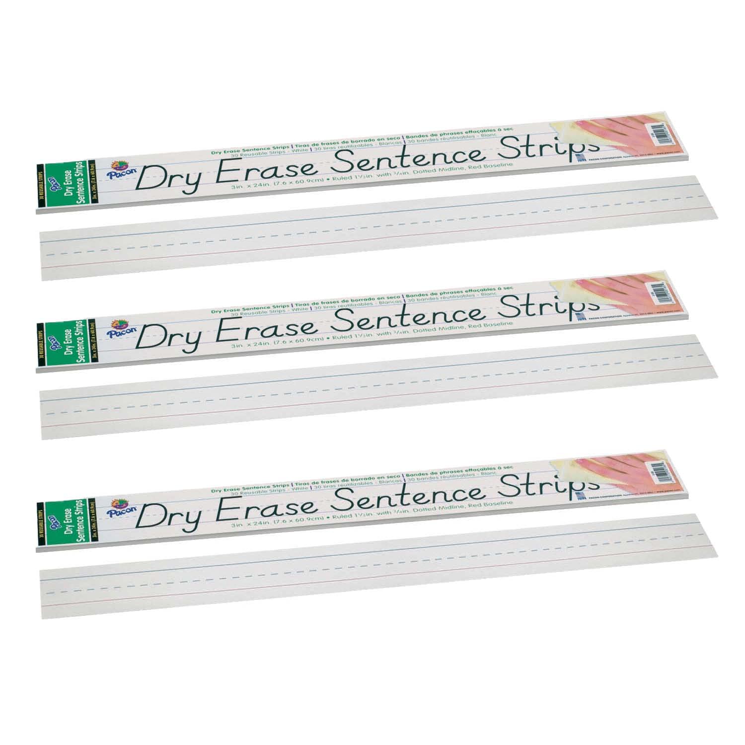 Pacon Dry Erase Sentence Strips, White, 1-1/2" X 3/4" Ruled, 3" x 24", 30 Per Pack, 3 Packs
