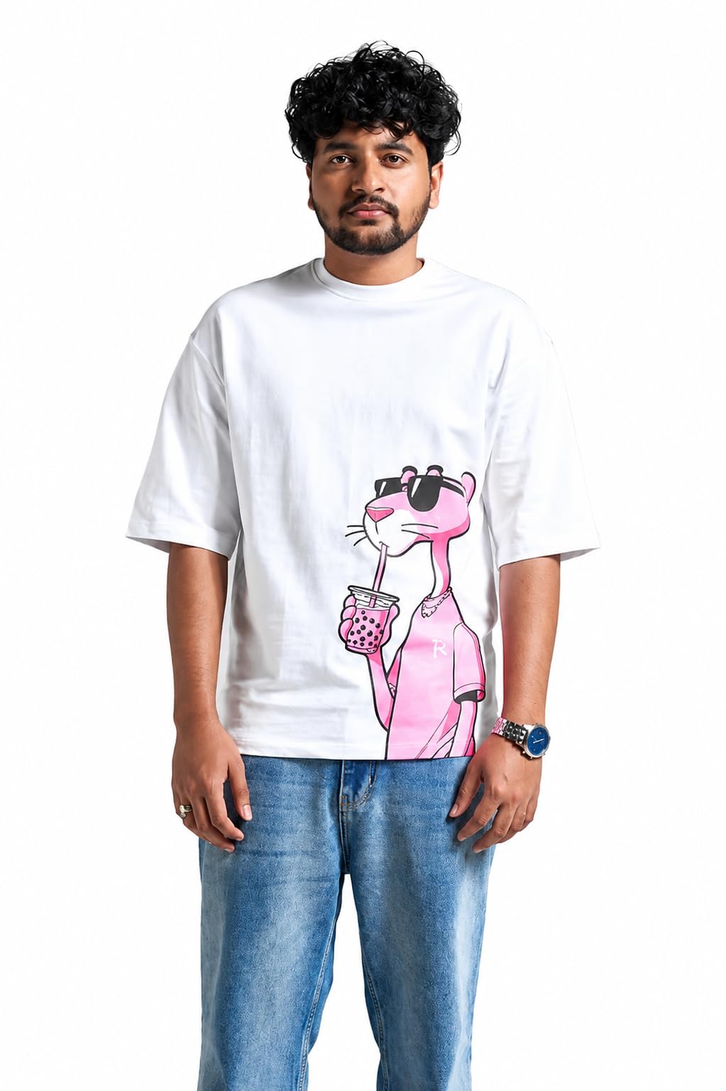 veyre Men's Oversized White Graphic Printed T-Shirt | Pink Panther Cartoon Print Half Sleeve Round Neck Casual Cotton Blend Tee-picture-40