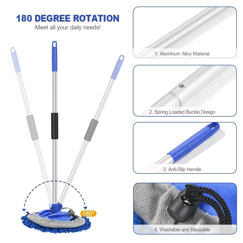 URAQT 160 cm Spazzola di Pulizia per Lavaggio Auto con Manico Lungo, 3 in 1 Spazzola Lavaggio Auto in Microfibra, Versatile Spazzola Auto, Senza Graffi Pulisci Professionale Cura (2 x Teste per Mocio)