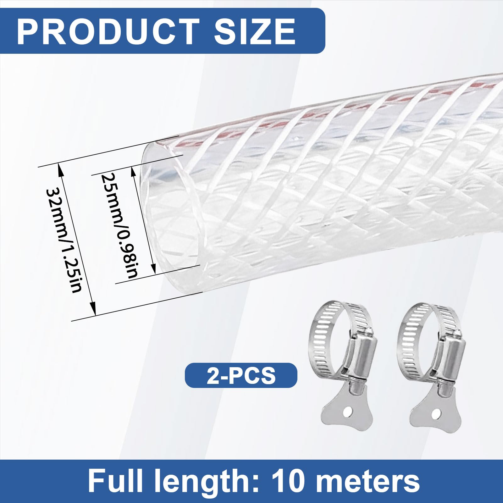 Manguera trenzada de PVC de 25 x 32 mm, 3/6/10 metros, transparente reforzada de alta presión, flexible para agua, gas, aceite, aire comprimido (25 mm x 32 mm, 10)