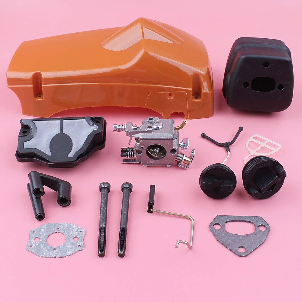 Carburador de cubierta de motor de cilindro superior para compatible con Husqvarna 137 142, silenciador de escape, filtro de aire, tapa de combustible y aceite, repuesto de motosierra