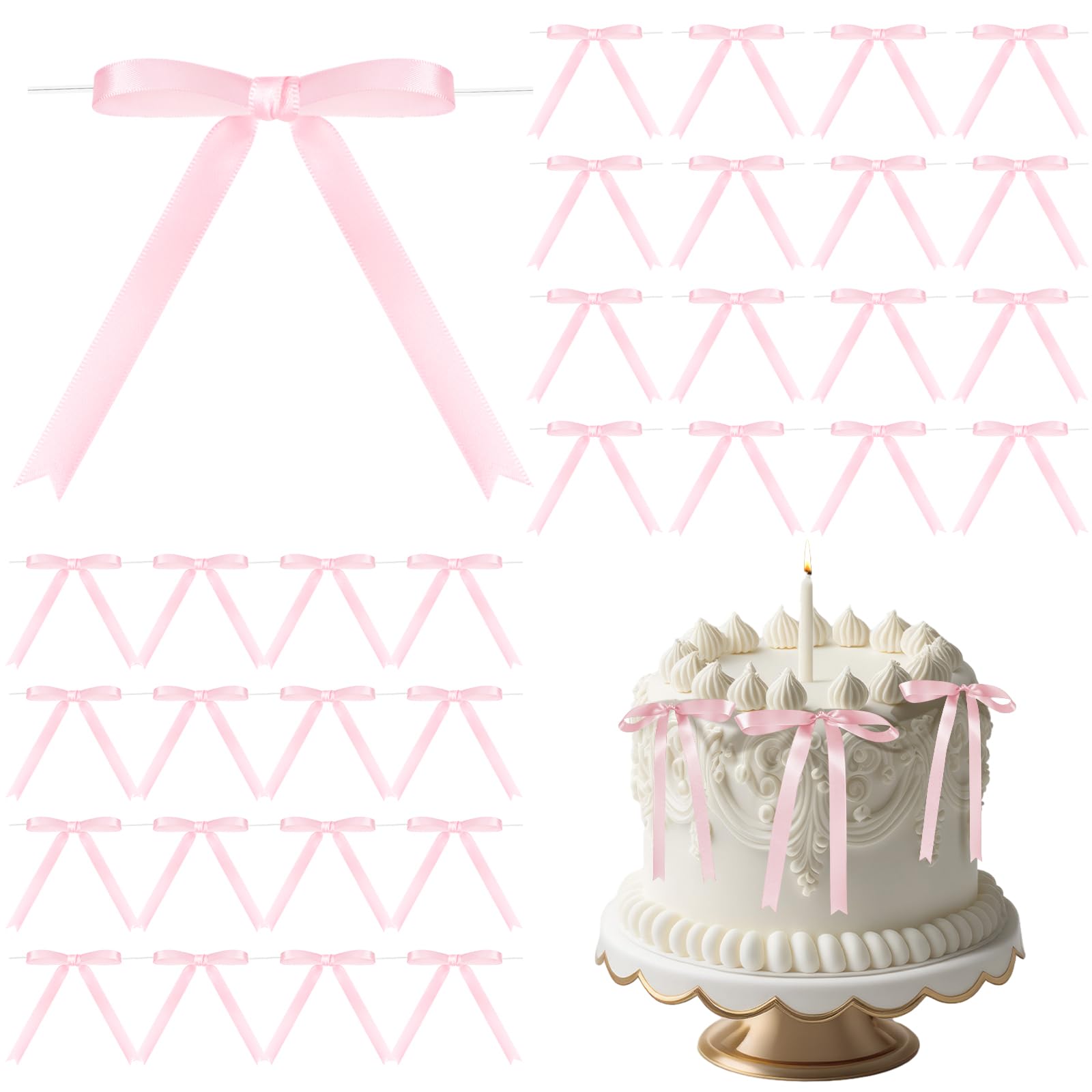 Riceshoot 50 Pcs Twist Tie Bows for Cake 3x4.5 Inch Satin Ribbon Bows for Gift Wrapping Treat Bags Craft DIY Wedding Baby Shower Birthday Party