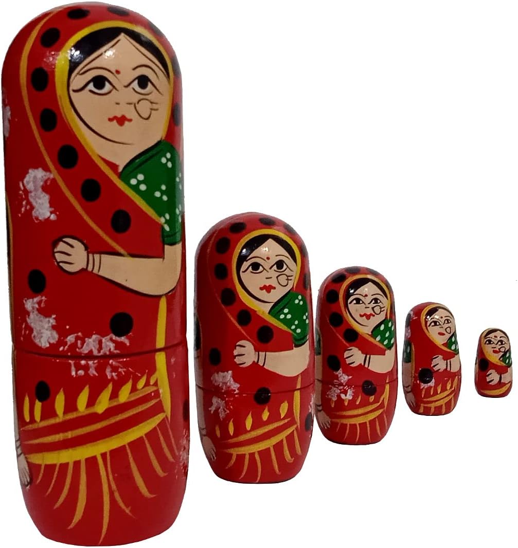Purpledip Wooden Nesting Dolls Indian Folk Lady: Set of 5 Hand Painted Russian Matryoshka Decorative Boxes (11702)