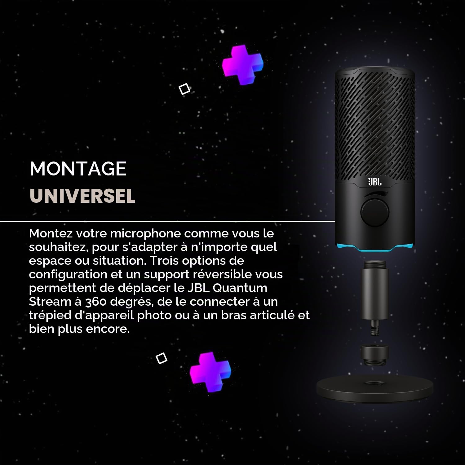 Microphone USB JBL Quantum Stream - Conçu pour le streaming, les enregistrements et le gaming, facilement mis en sourdine, contrôle du volume et montage universel - Noir