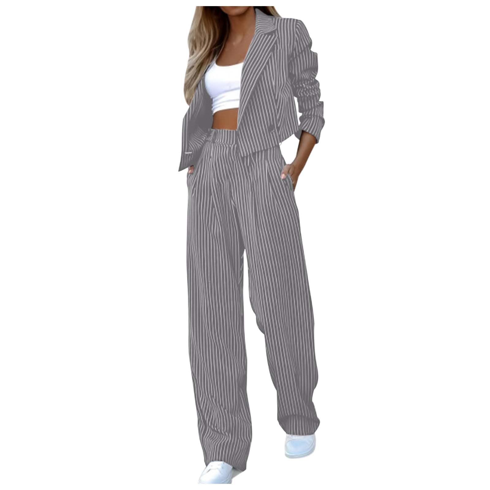 Damen Zweiteiliger Anzug Set Revers Gestreifter Drucken Blazer Jack Langarm Anzugjacke Gerade Hose Hosenanzug Business Büro Lässig Mantel Slim Fit Hose 2 Stück Sportlich Freizeitanzug