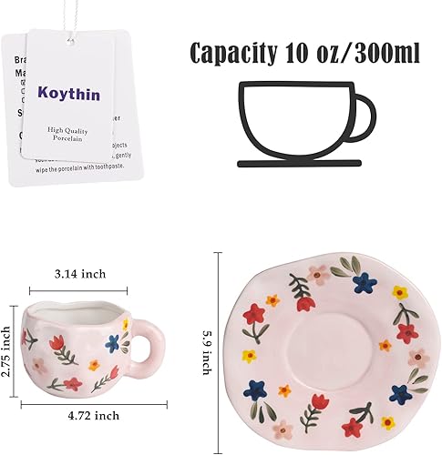 Miniatura 2 de Koythin Taza de café de cerámica bonita taza rosa para mujer con platillo para la oficina y el hogar apta para lavavajillas y microondas 10 onzas