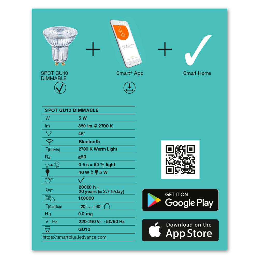 LEDVANCE Lámpara reflectora Smart LED, Bluetooth, GU10, blanco cálido (2700K), reemplaza las lámparas incandescentes con 40W, controlable con Alexa y Google, SMART+ Spot GU10 DIM, paquete de 4