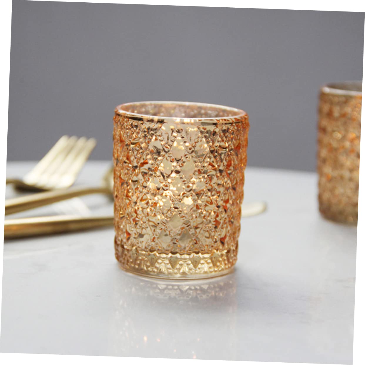 Portavelas de Vidrio Dorado Relieve Romántico 12 Piezas | Decoración Europea Elegante, para Bodas y Eventos Obsequios, Formato Portátil
