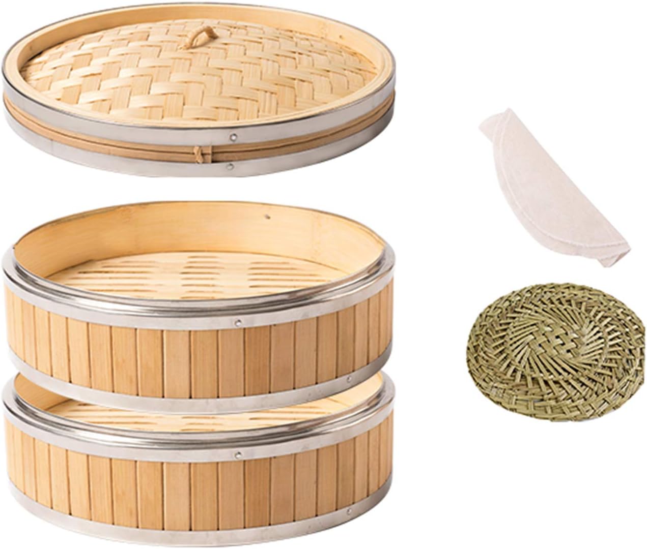 Organic Bamboo Steamer Basket 25cm/10inch, 3 Tier Baskets with Lid