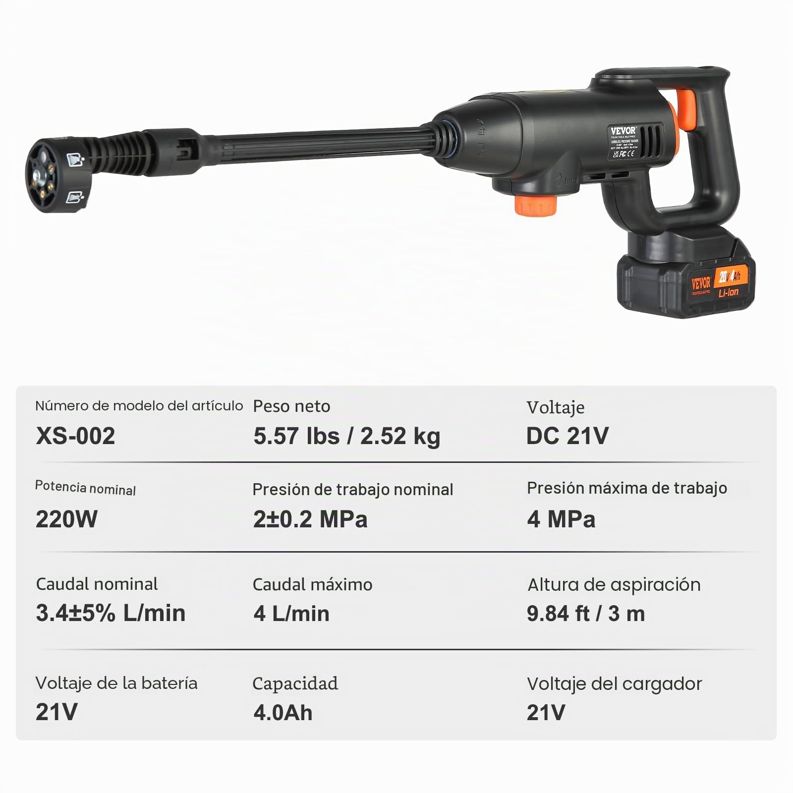 VEVOR Lavadora de Alta Presión con Batería Inalámbrica 21V Limpiador Portátil de Alta Potencia 580PSI 50bar Lavadora Eléctrica 4L/min Cargador de Batería de 4,0Ah para Limpieza de Patio, Jardín, Coche