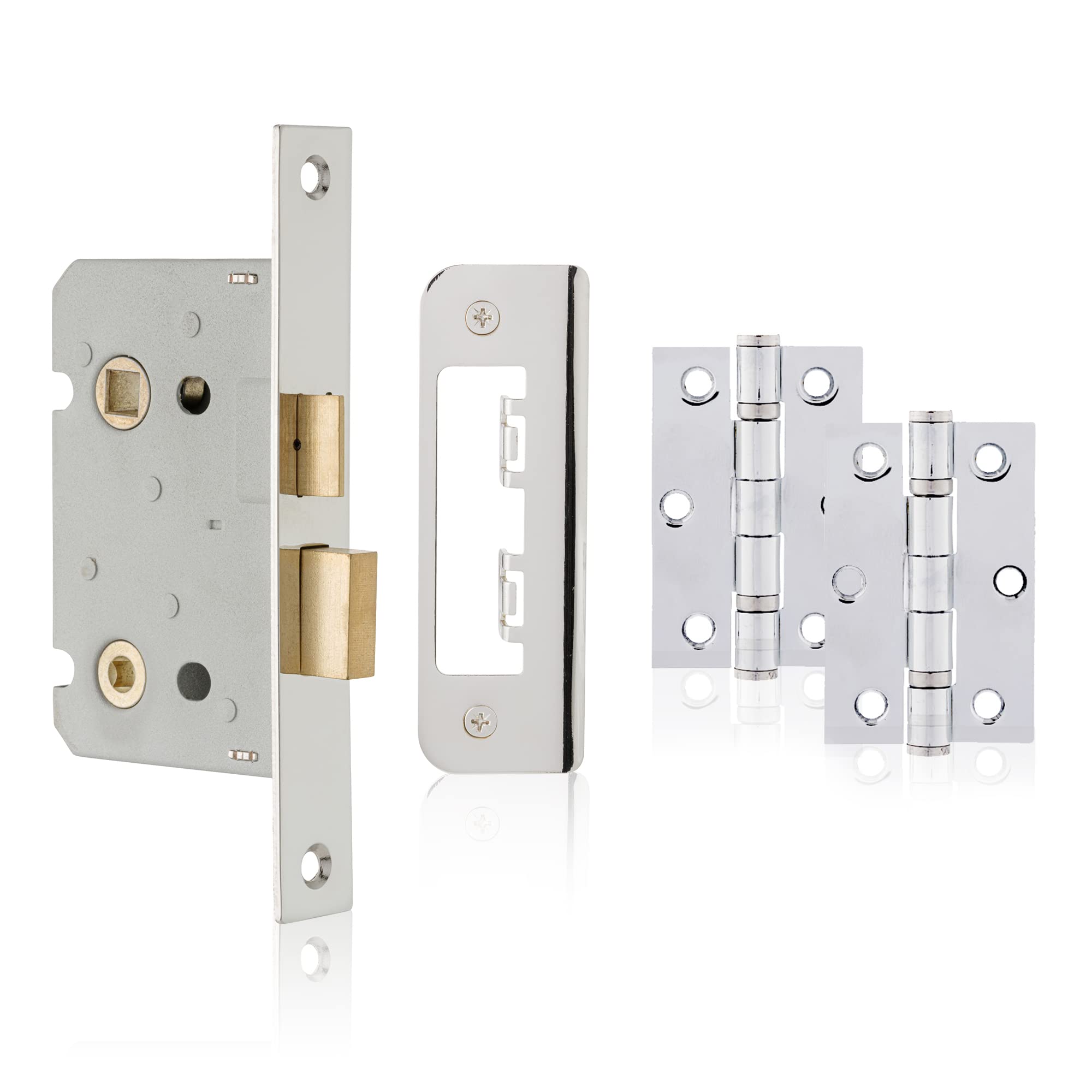 Polished Chrome Bathroom Lock Accessory Pack, Includes 65Mm Polished Chrome Bathroom Lock And Matching 75Mm Ball Bearing Hinges, For Internal Wooden 5060568908236