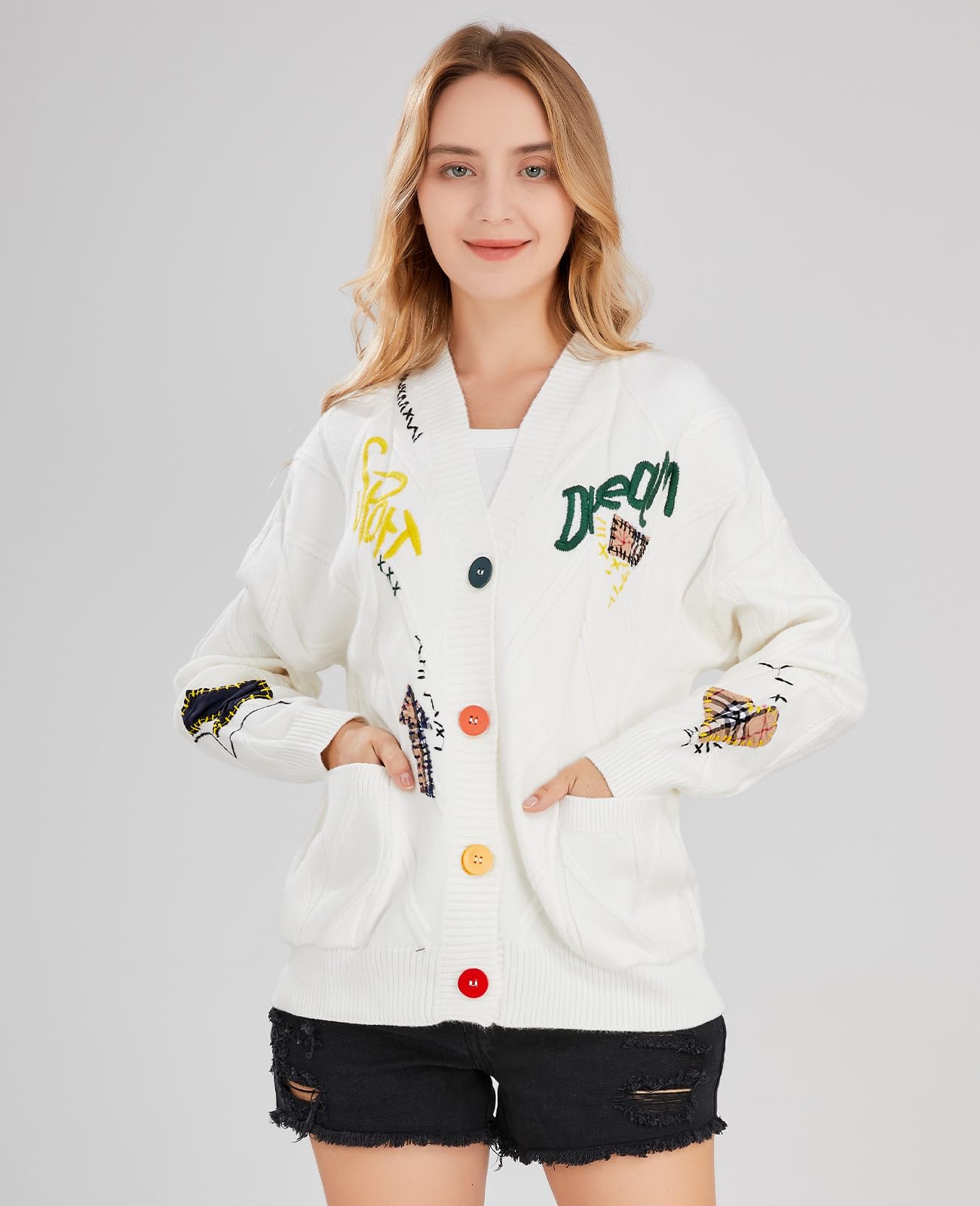 ebossy - Cardigan da donna a maglia, a maniche lunghe, aperto sul davanti, con scollo a V e bottoni, in misto lana