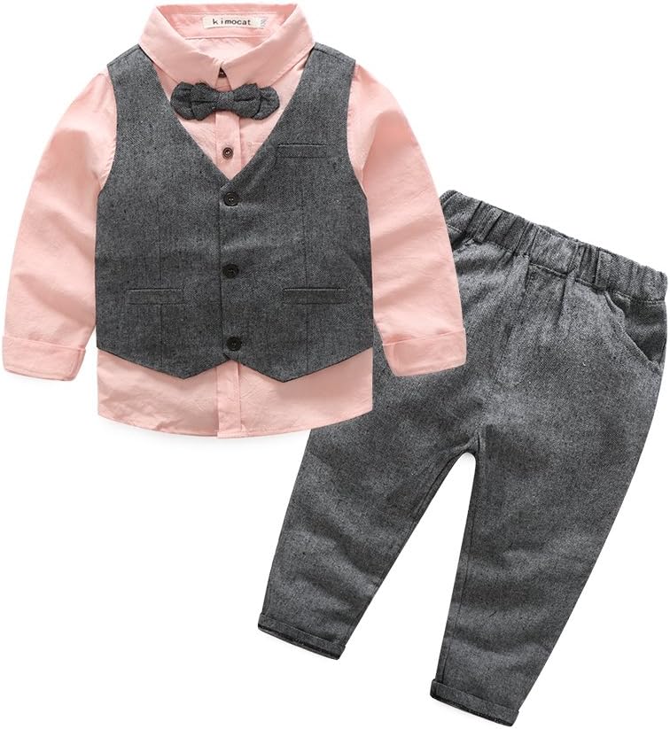 KimocatBoys 3Pcs Clothing Sets Cotton Long Sleeve Bowtie Shirts +Vest +Pants Casual Suit