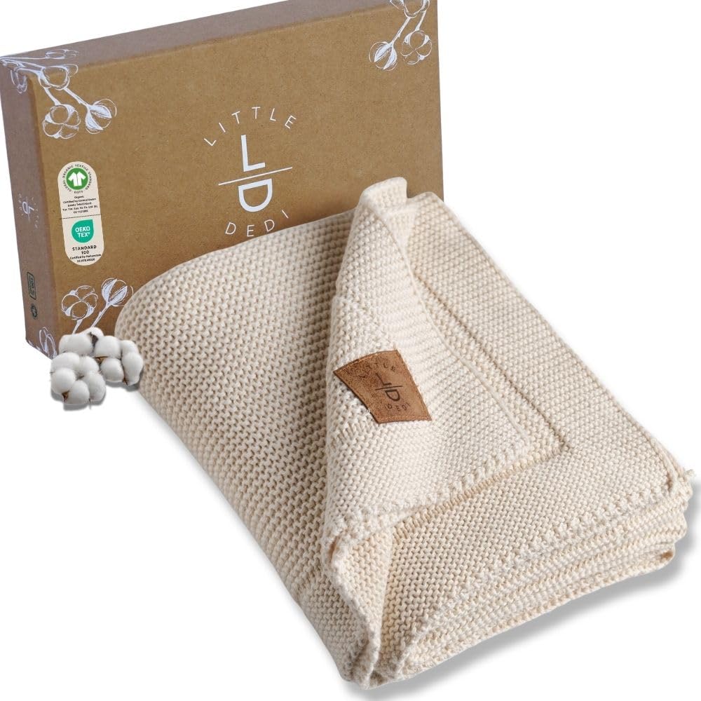 Weiche Babydecke Strick aus 100% Bio-Baumwolle GOTS Zertifizert, 80x100 cm. Naturbeige- Erstausstattung für Neugeborene, in Geschenkbox für Neugeborene Babys