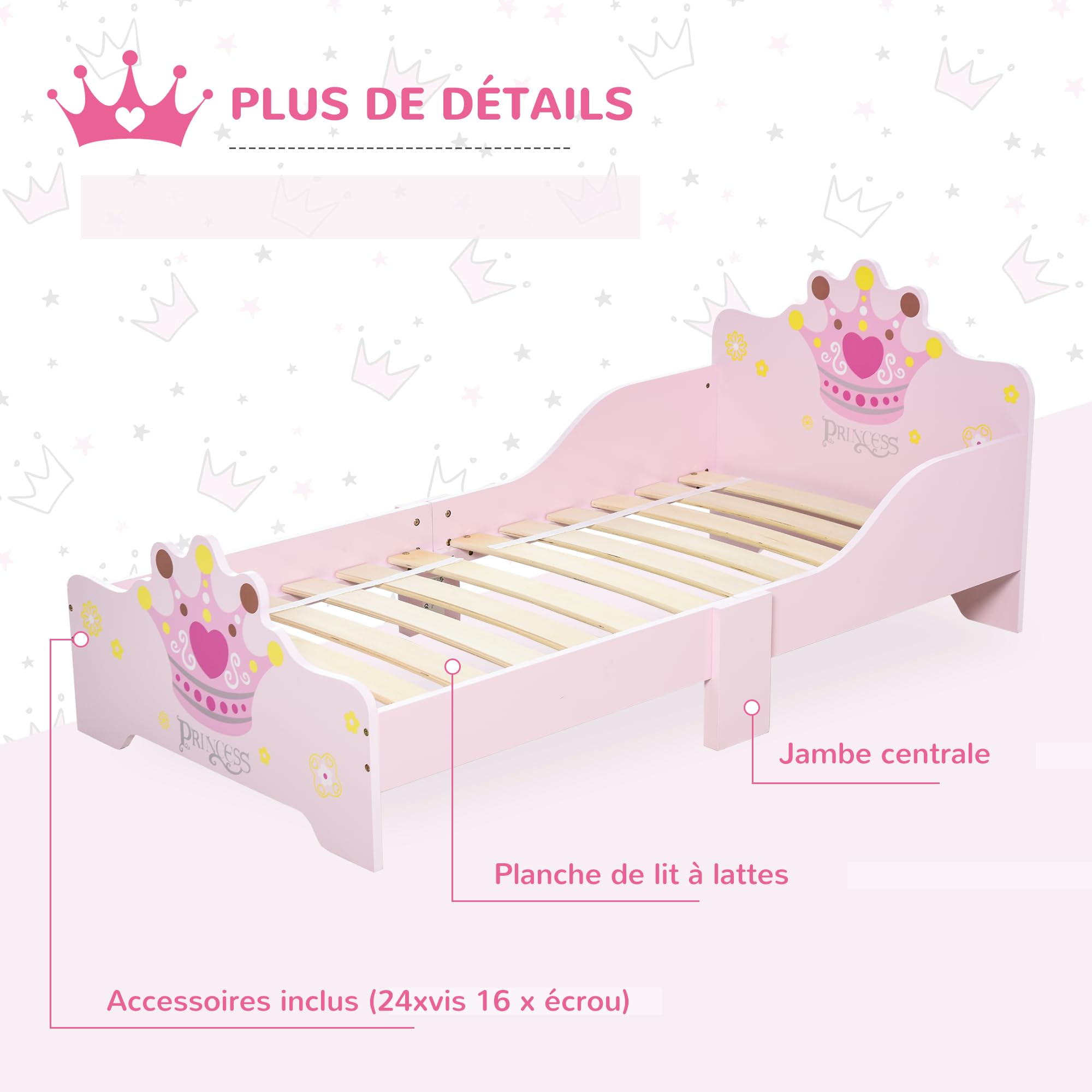 HOMCOM Lit Enfant 140 x 70 cm - lit d'enfant Design Princesse Motif Couronne - sommier à Lattes Inclus - MDF Contre-plaqué Rose