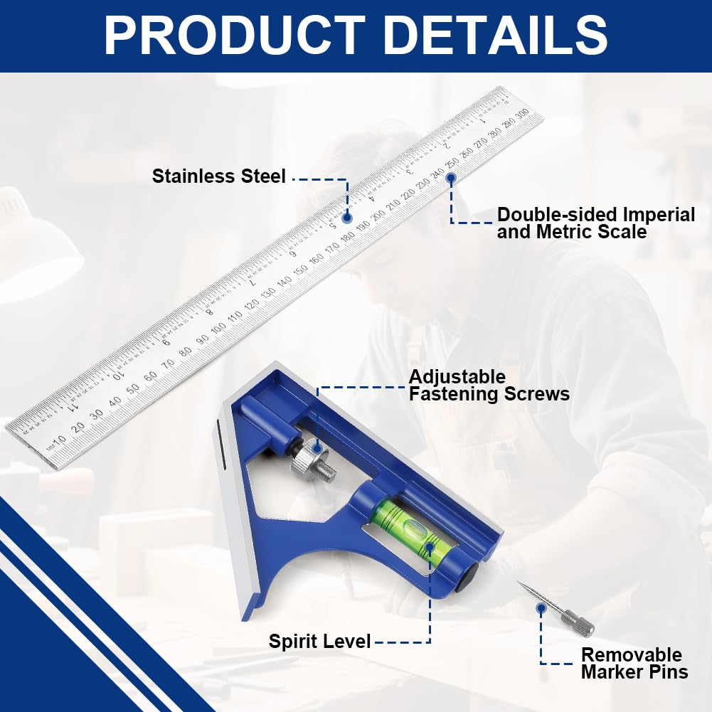 flintronic 150mm+300mm Combination Square Set, Stainless Steel Angle Ruler, with Built in Spirit Level & Marker Pins - Image 4