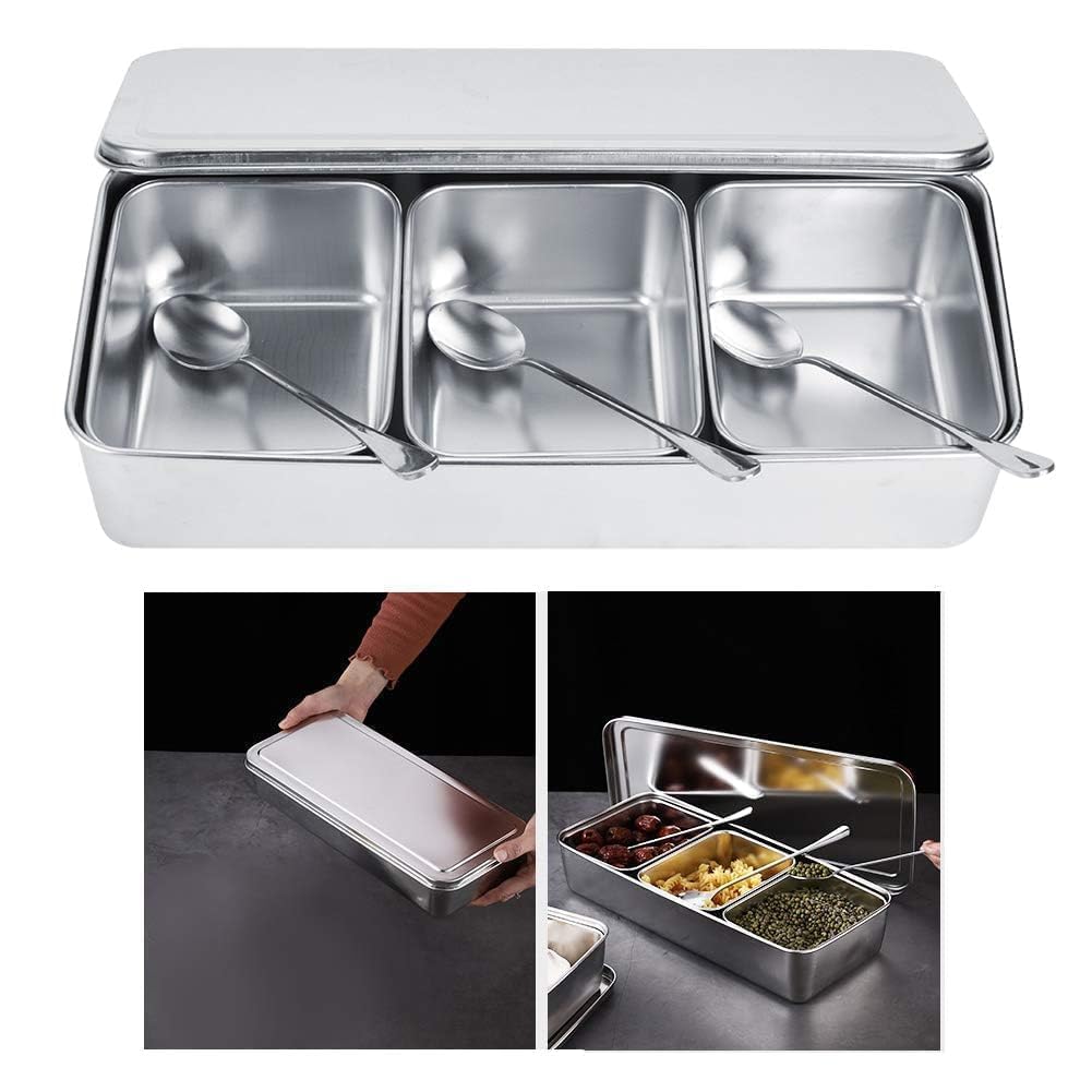 Set di contenitori per condimenti in acciaio inox, con 3 scomparti, per spezie, sale, zucchero, utensili da cucina e condimenti, con coperchio per cucchiai