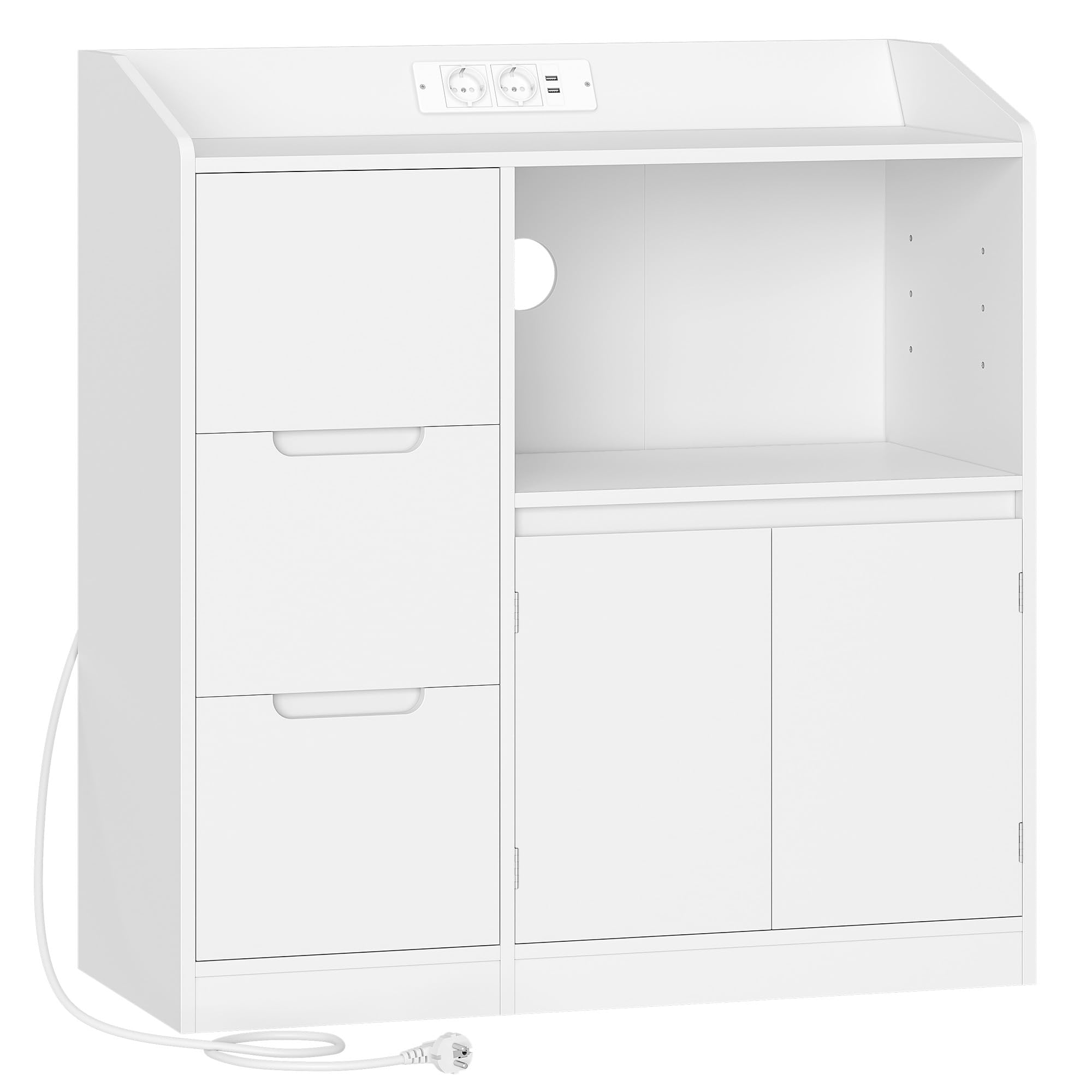 Hzuaneri Meuble Cuisine, Buffet avec Plan, Travail Étagère pour Micro-Ondes, Prise, 3 Tiroirs et 2 Portes, Étagère Réglable, Moderne, Cuisine, Blanc, 38 X 90 X 95 cm, SC31003XEU