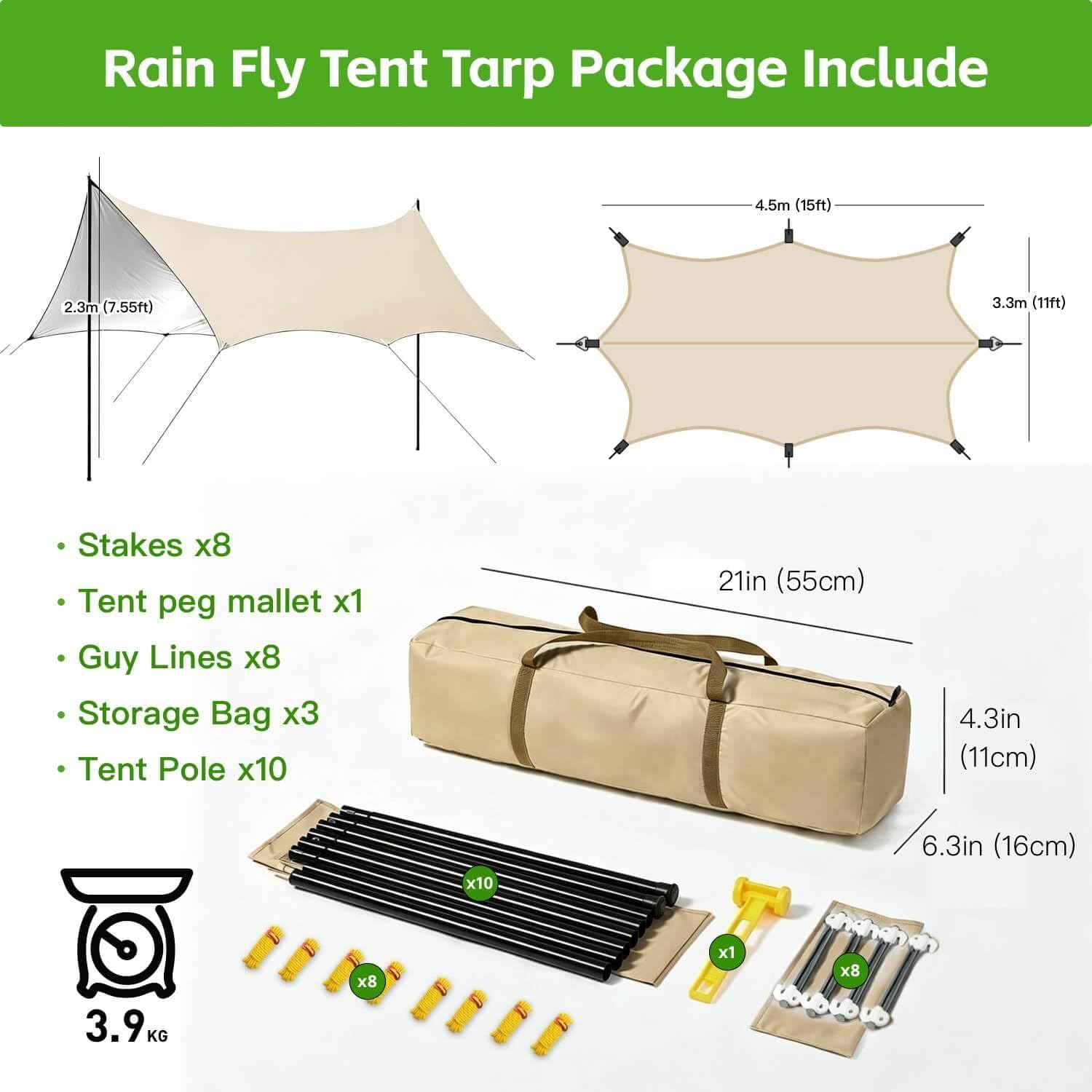 Heavy Duty Waterproof Camping Tarp 15×11FT – UV Blocking Sun Shade Canopy with Poles & Ropes, Reinforced Tear-Resistant Corners, Windproof Outdoor Shelter for Camping, Picnic(Khaki Reflective,15x11FT)