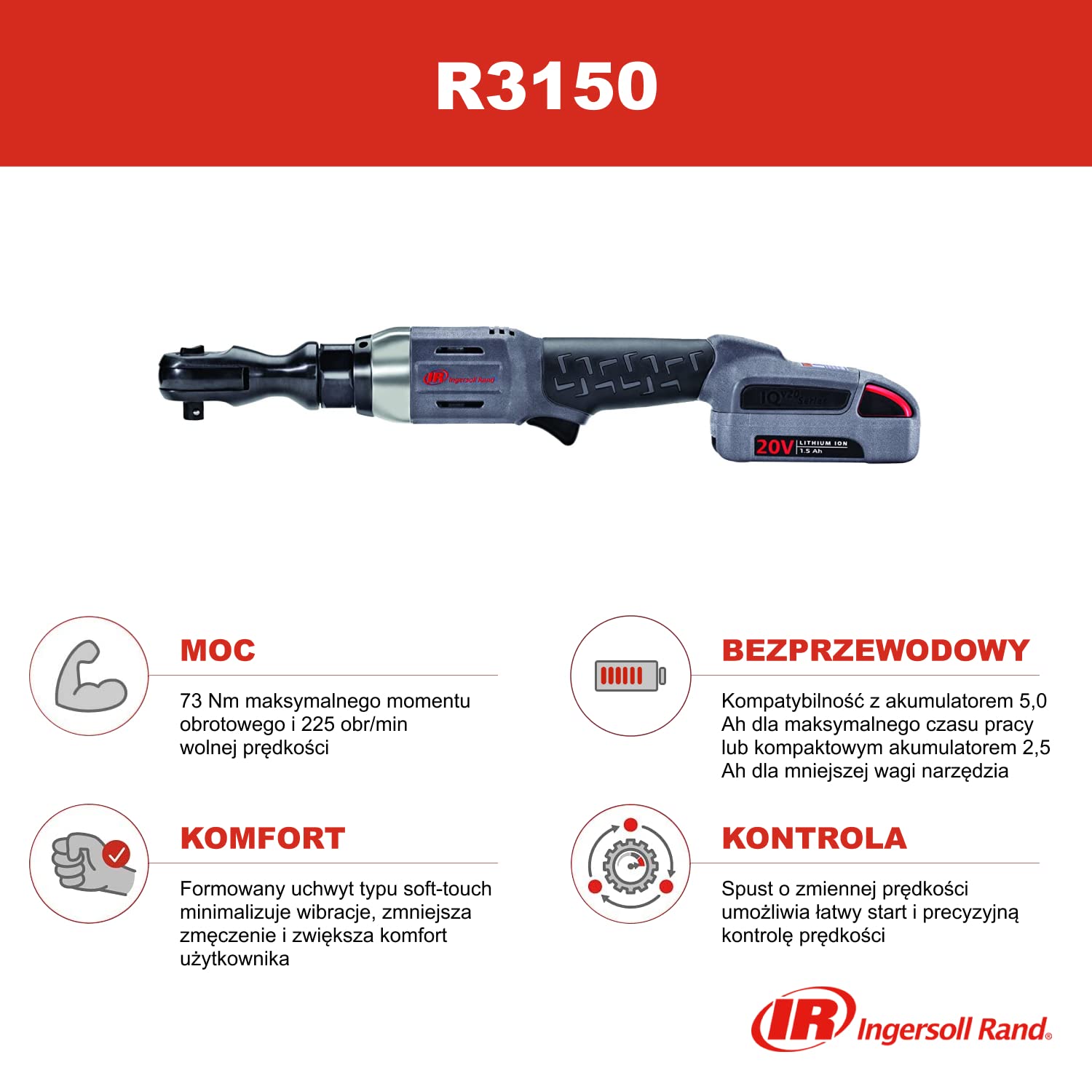 Ingersoll Rand Akumulatorowy klucz grzechotkowy R3150, 1/2", 20 V, lekki, metalowa i kompozytowa konstrukcja, tylko narzędzie