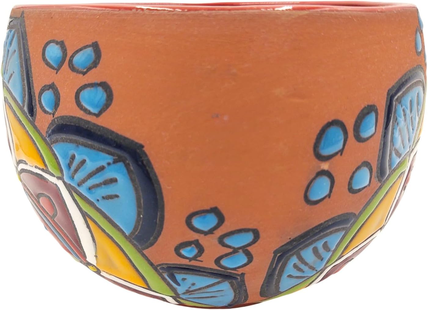Talavera Ceramic Planter, Hand-Painted Mexican Scalloped Print Plant Pot, Indoor Outdoor Round Bowl with Drainage Hole, Rustic Terracotta Decor, 8.5 Inch, Red Multicolor